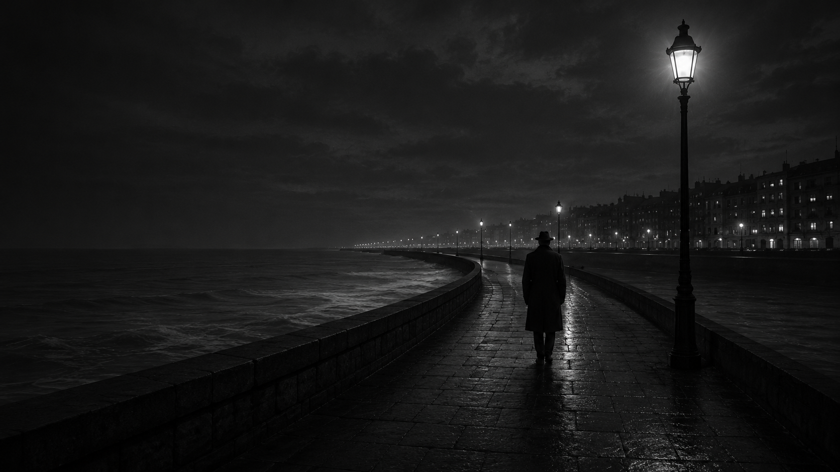 Dark poetic seafront scene with street lamp